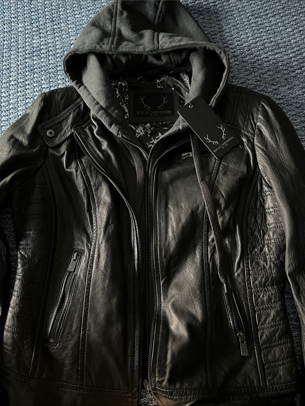 Bod & Christensen Black Moto Leather Jacket with Removable Hood. NEW  Medium